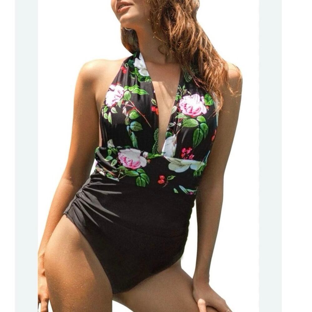 Cupshe Women's Lost Butterfly shirring One Piece Swimsuit deep v 2x